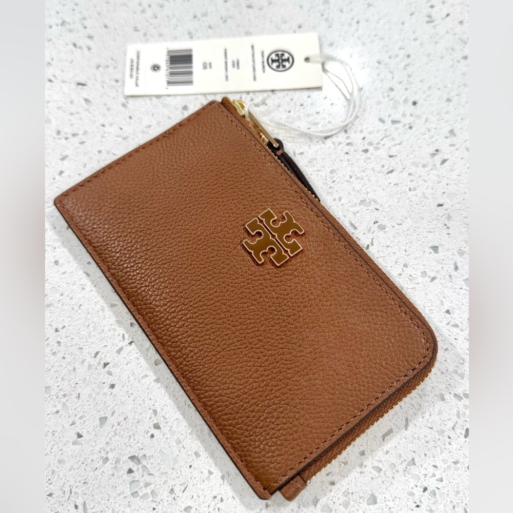Tory Burch Britten Pebbled Leather Zip Card Case Gold Logo NWT brown tan